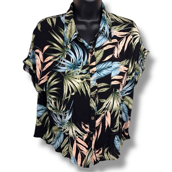 Large Moa Moa Tropical Short Sleeve Stretch Top Hawaiian Womens Button Front - Picture 1 of 12